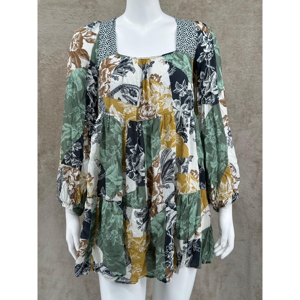 Anthropologie Dress Womens XS Green Boho Floral‎ Tiered Mini Sheer Modal Peasant